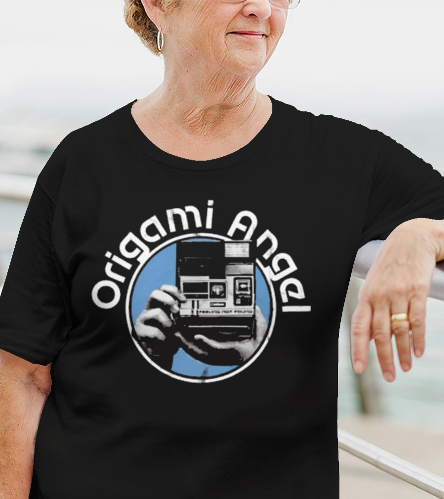 Origami Angel Polaroid Camera Blue Circle T-Shirt