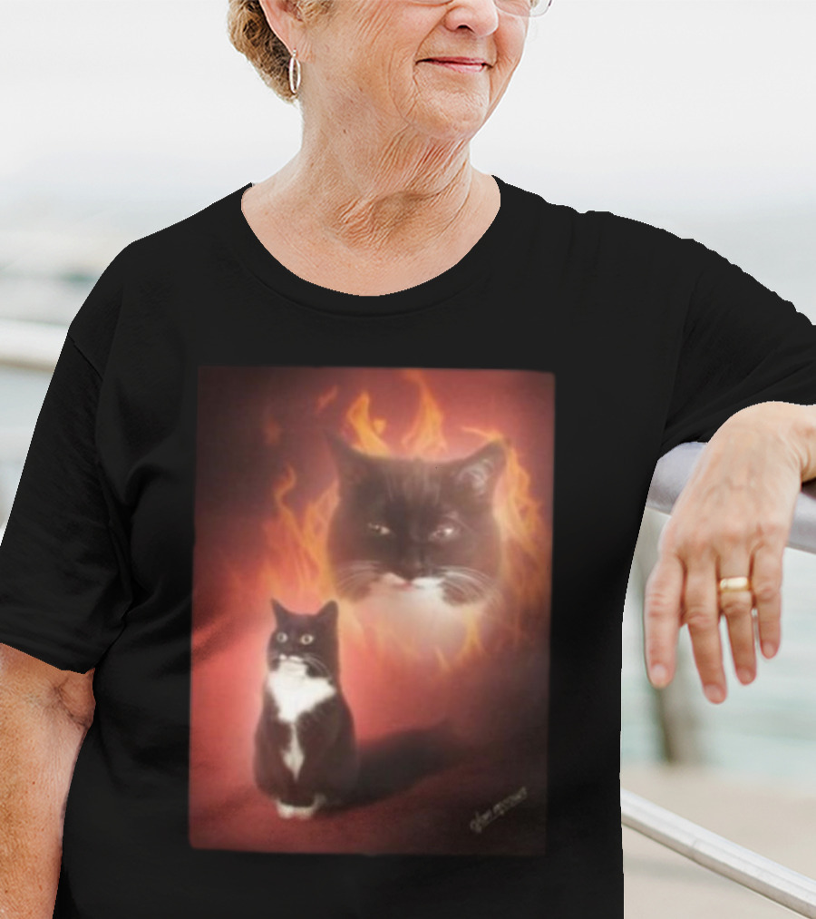 Olan Meows Black And White Cat Flames Retro Theme T-Shirt