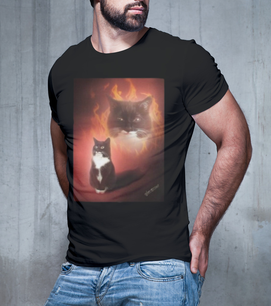 Olan Meows Black And White Cat Flames Retro Theme T-Shirt