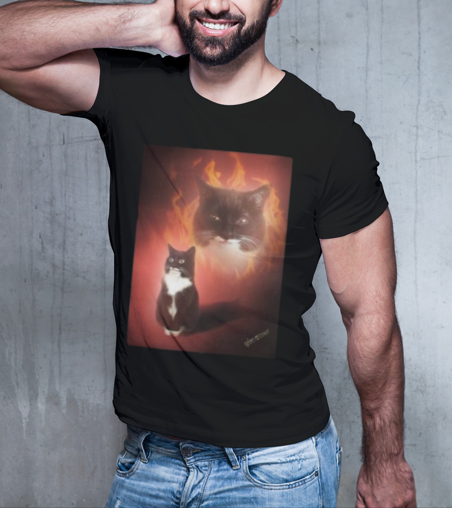 Olan Meows Black And White Cat Flames Retro Theme T-Shirt