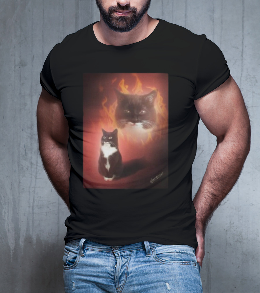 Olan Meows Black And White Cat Flames Retro Theme T-Shirt