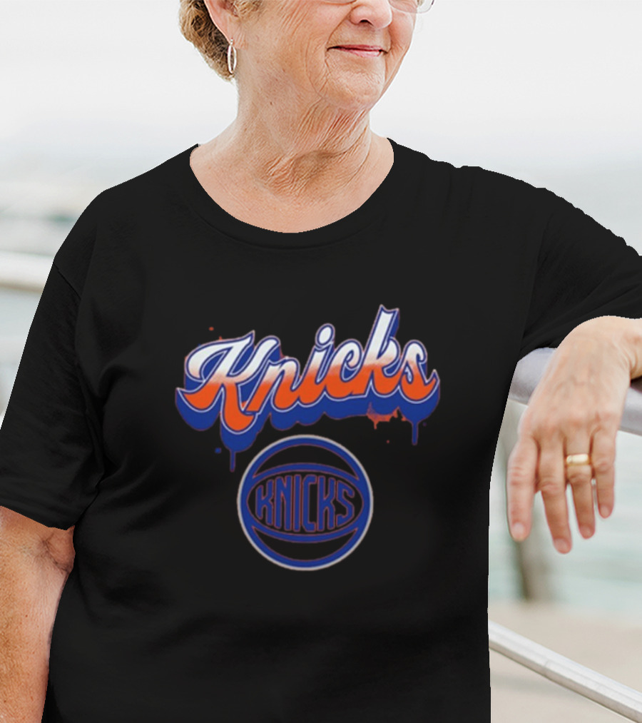New York Knicks Orange Blue Bubbly Script Basketball Emblem T-Shirt