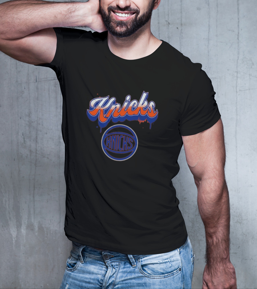 New York Knicks Orange Blue Bubbly Script Basketball Emblem T-Shirt