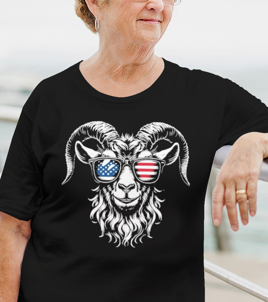 Patriotic Goat With American Flag Sunglasses Design T-Shirt