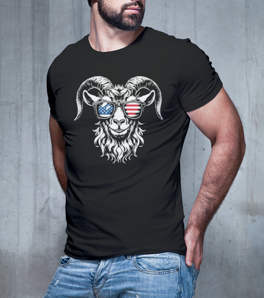 Patriotic Goat With American Flag Sunglasses Design T-Shirt