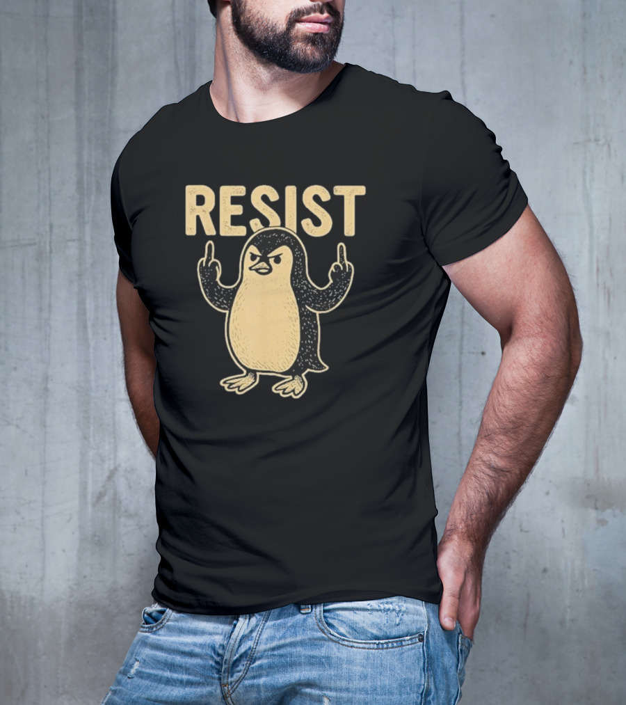 Resist Penguin Middle Finger Protest Symbol T-Shirt