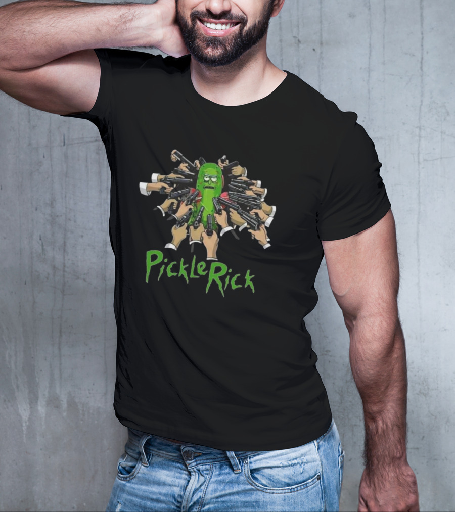 Pickle Rick Surrounded By Guns John Wick Baba Yaga Style T-Shirt