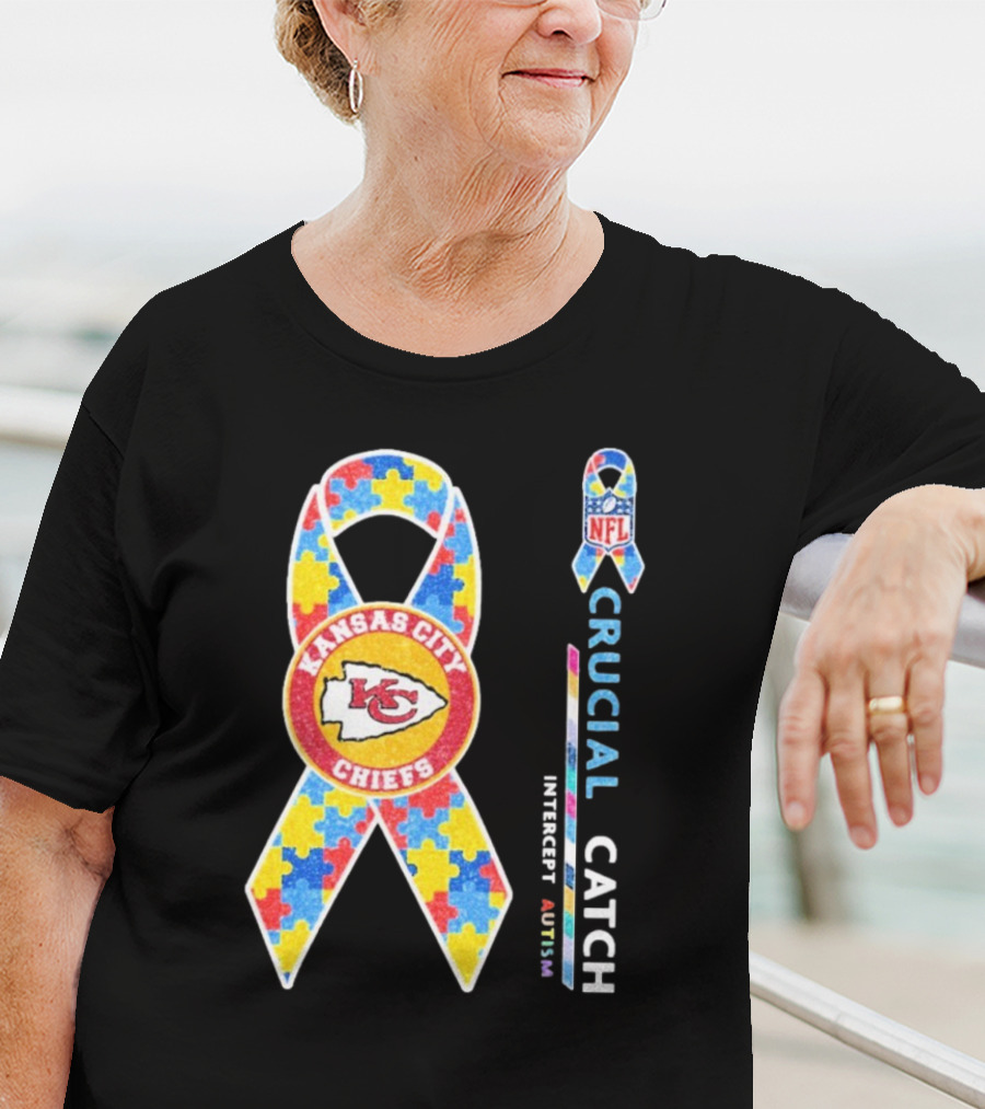 Kansas City Chiefs NFL Puzzle Ribbon Autism Awareness Crucial Catch T-Shirt