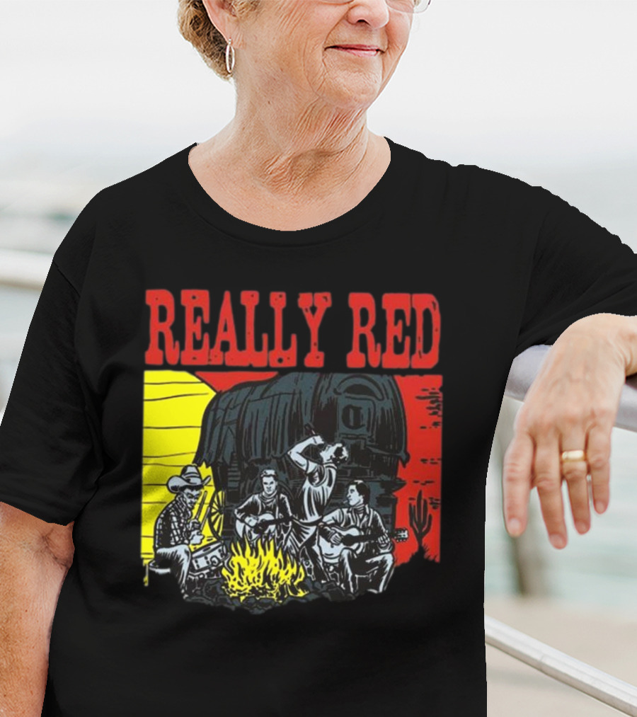 Really Red Cow Punks Campfire Scene With Musical Cowboys And Wagon T-Shirt