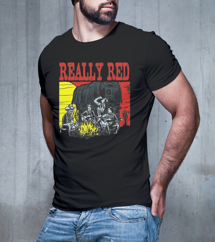 Really Red Cow Punks Campfire Scene With Musical Cowboys And Wagon T-Shirt
