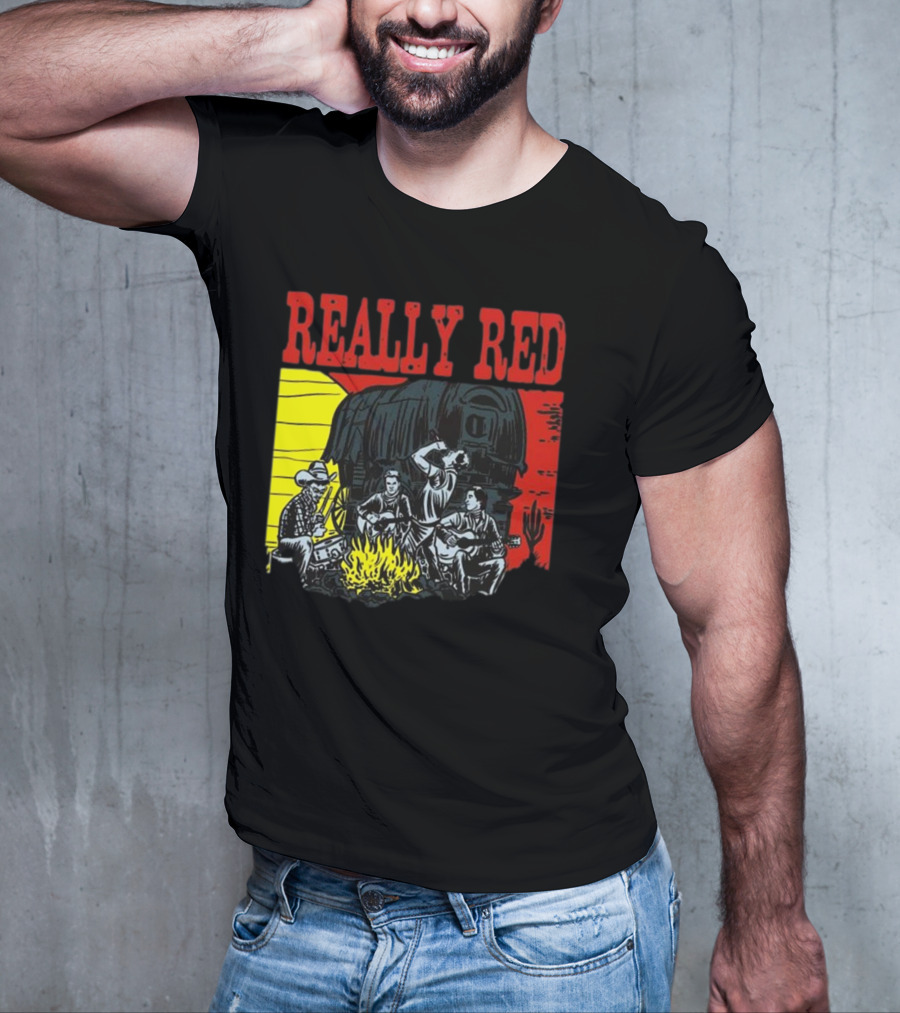 Really Red Cow Punks Campfire Scene With Musical Cowboys And Wagon T-Shirt
