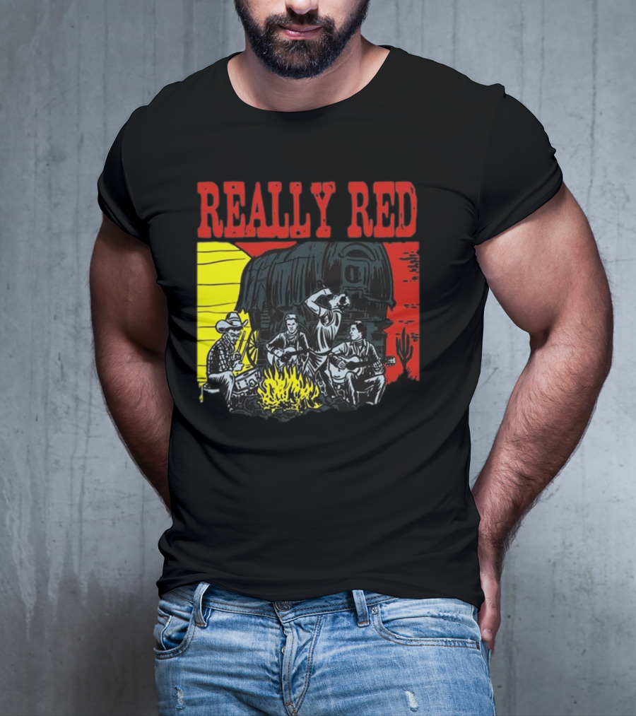Really Red Cow Punks Campfire Scene With Musical Cowboys And Wagon T-Shirt