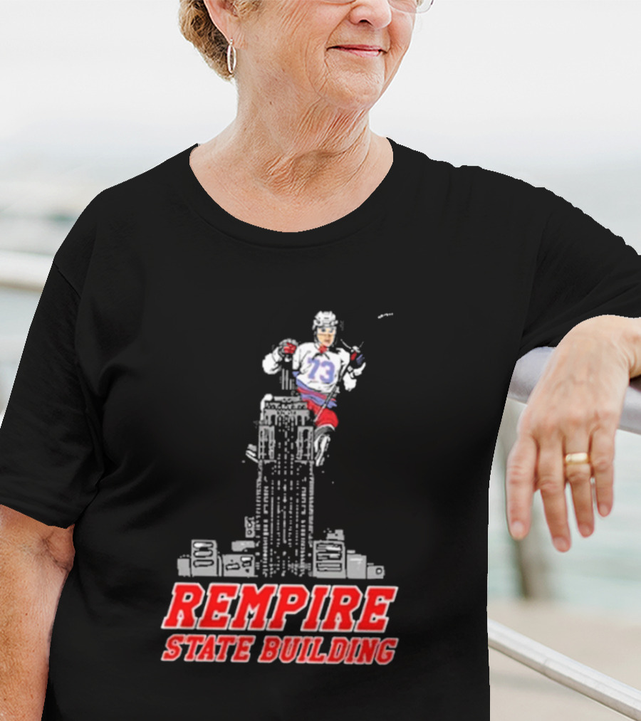 Rempire State Building Red And Blue Hockey Player Skyscraper Concept T-Shirt