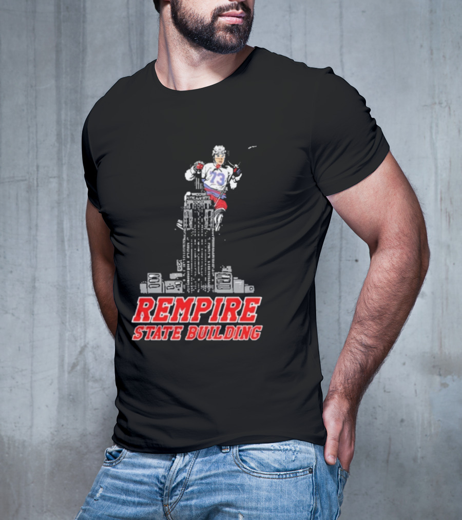 Rempire State Building Red And Blue Hockey Player Skyscraper Concept T-Shirt