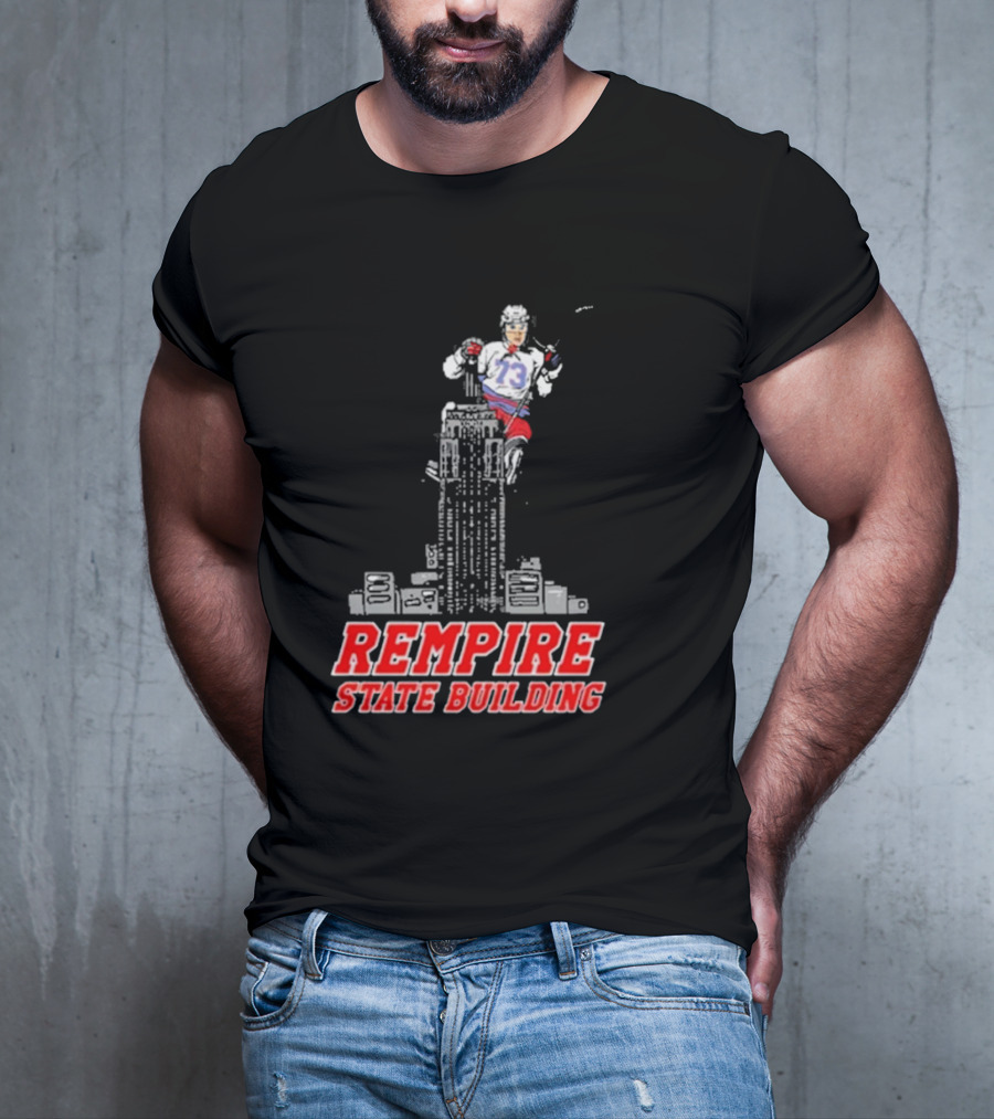 Rempire State Building Red And Blue Hockey Player Skyscraper Concept T-Shirt