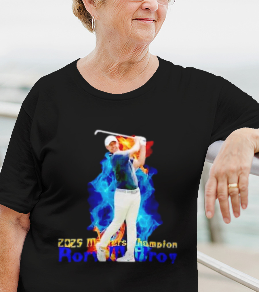 Rory McIlroy 2025 Masters Champion Golf Swing With Fire And Blue Flame Background T-Shirt