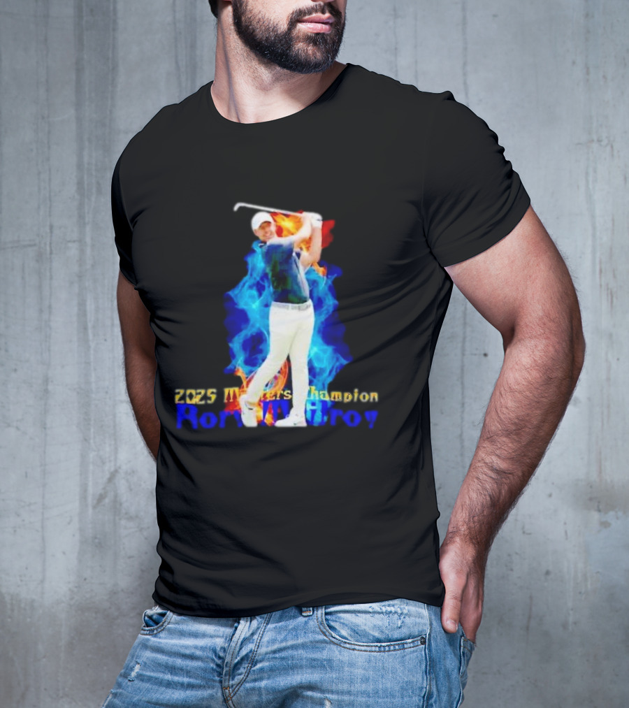 Rory McIlroy 2025 Masters Champion Golf Swing With Fire And Blue Flame Background T-Shirt