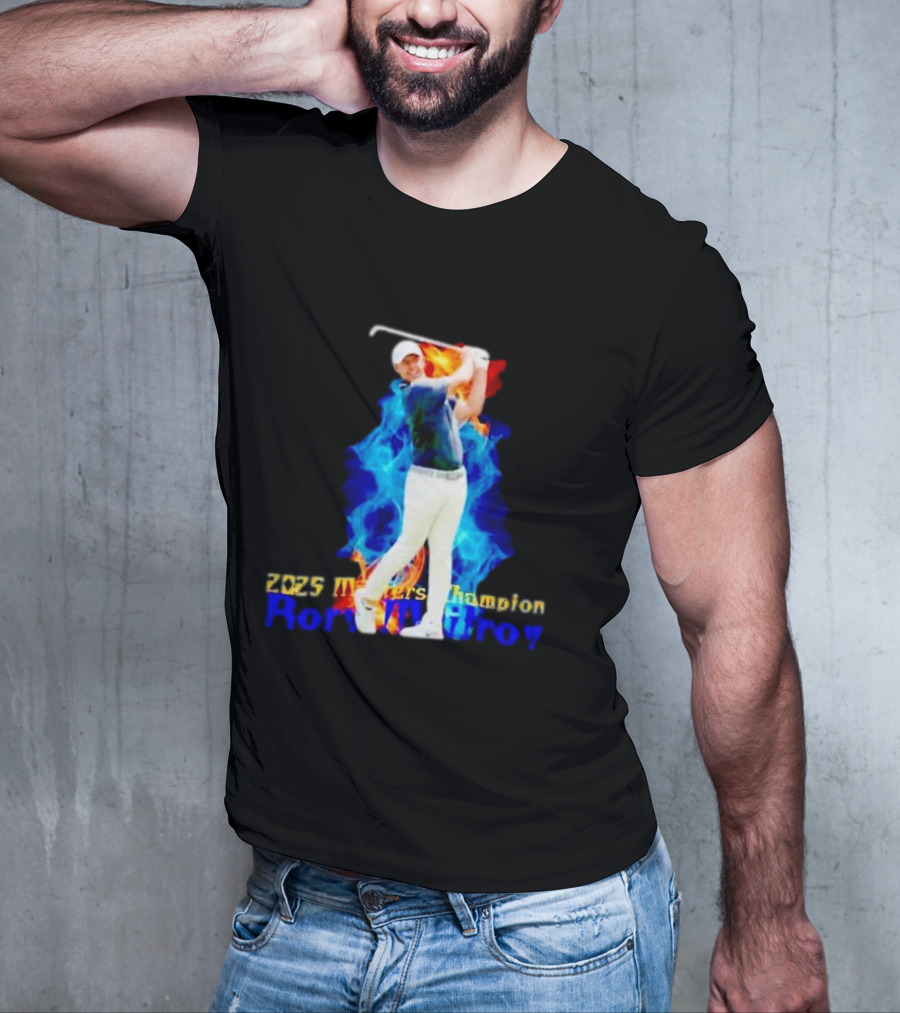 Rory McIlroy 2025 Masters Champion Golf Swing With Fire And Blue Flame Background T-Shirt
