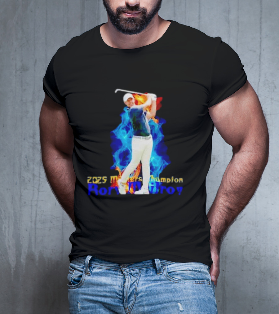 Rory McIlroy 2025 Masters Champion Golf Swing With Fire And Blue Flame Background T-Shirt