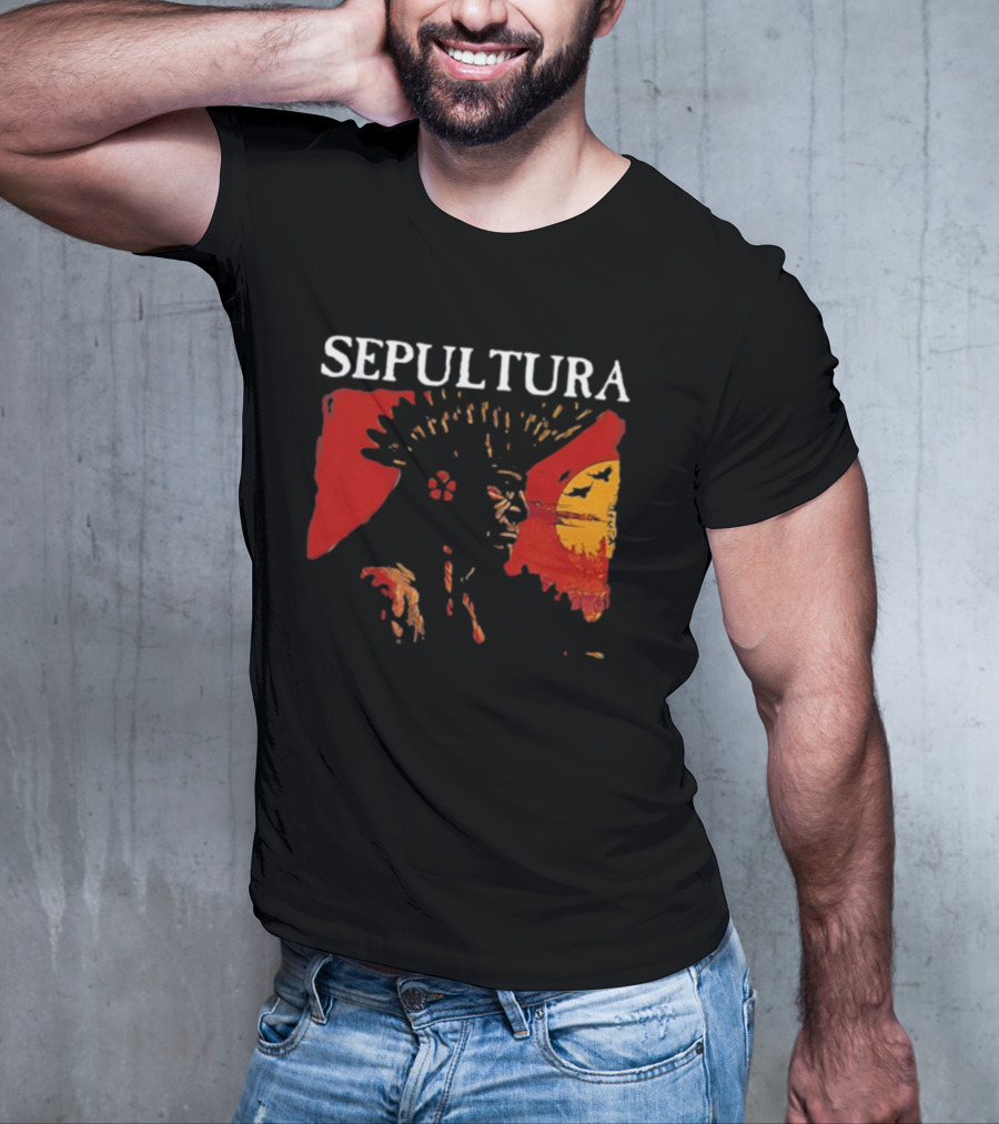 Sepultura Celebrating Life Through Death Black Sunburst And Sunset Scene T-Shirt