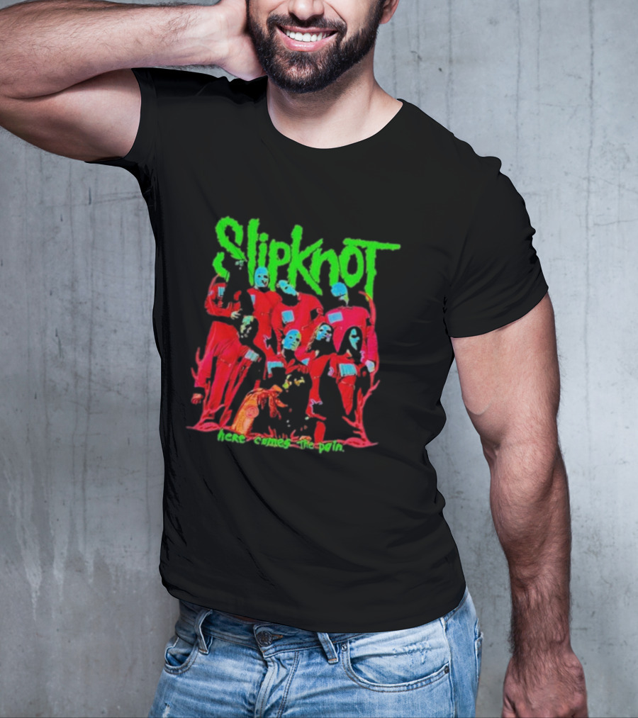 Slipknot Here Comes The Pain Text With Red Figures And Green Logo T-Shirt