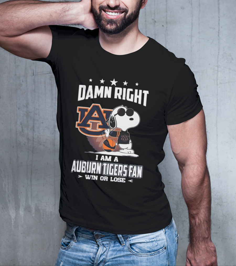 Damn Right I Am A Auburn Tigers Fan Win Or Lose Snoopy Auburn Logo T-Shirt