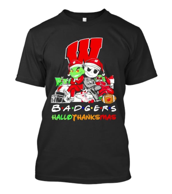 Badgers HalloThanksMas Grinch Jack Skellington Friends Football W T-Shirt
