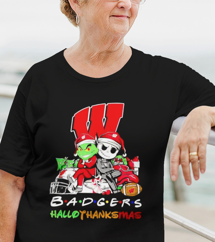 Badgers HalloThanksMas Grinch Jack Skellington Friends Football W T-Shirt