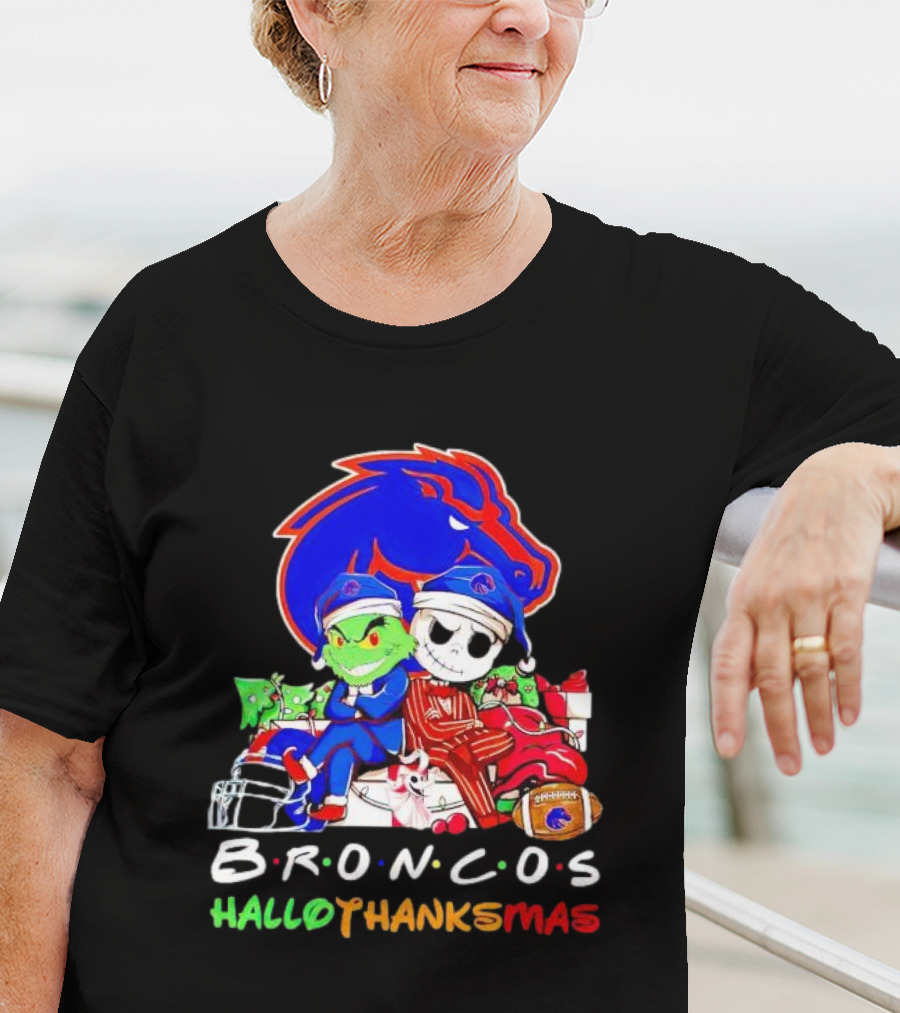 Broncos HalloThanksMas Grinch And Jack Skellington Friends T-Shirt
