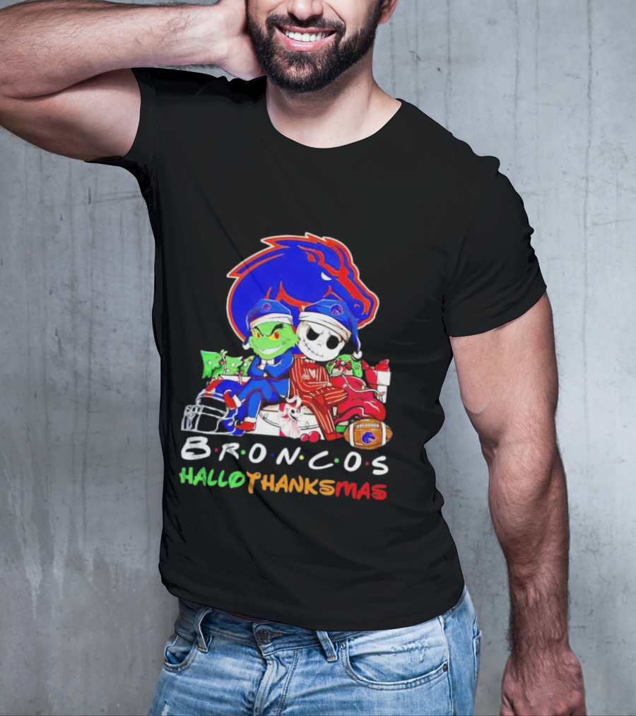 Broncos HalloThanksMas Grinch And Jack Skellington Friends T-Shirt