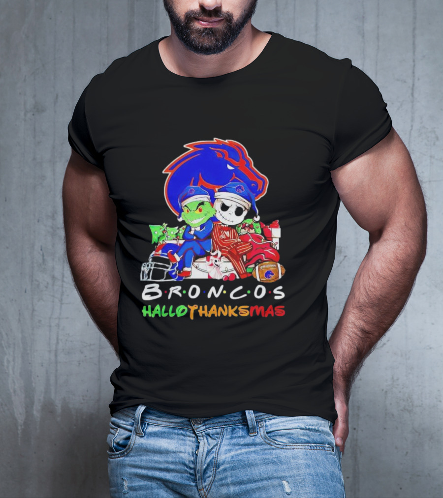 Broncos HalloThanksMas Grinch And Jack Skellington Friends T-Shirt
