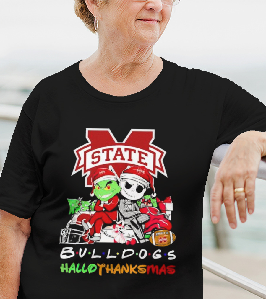 State Bulldogs Grinch And Jack Skellington HalloThanksMas T-Shirt