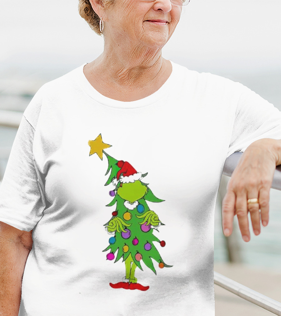 Grinch Christmas Tree Costume With Star And Ornaments T-Shirt
