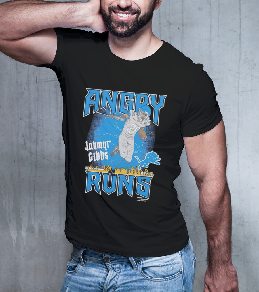 Jahmyr Gibbs Angry Runs Detroit Football Flames And Lion T-Shirt