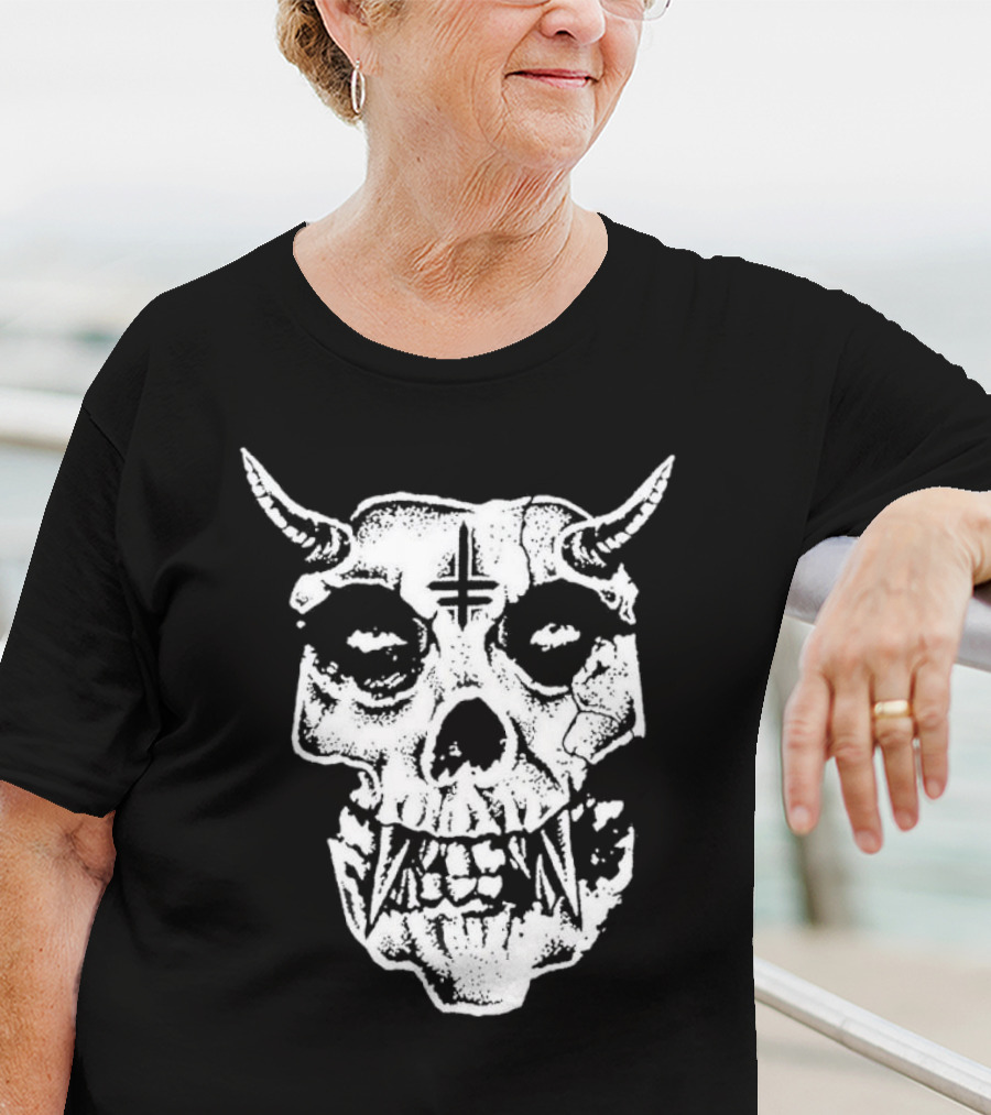 Twitching Tongues Twitchfits Sketched Skull With Horns And Inverted Cross T-Shirt
