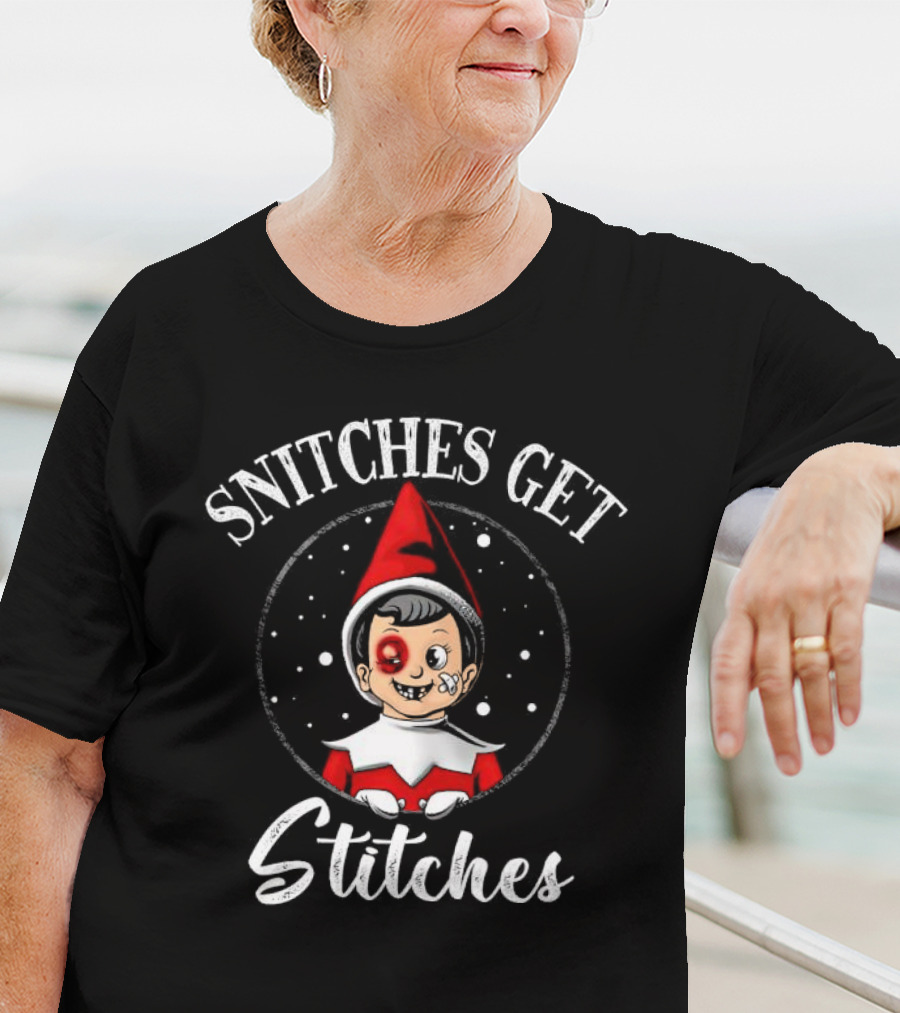 SNITCHES GET STITCHES Elf Red Hat Black Eye Snowflakes T-Shirt