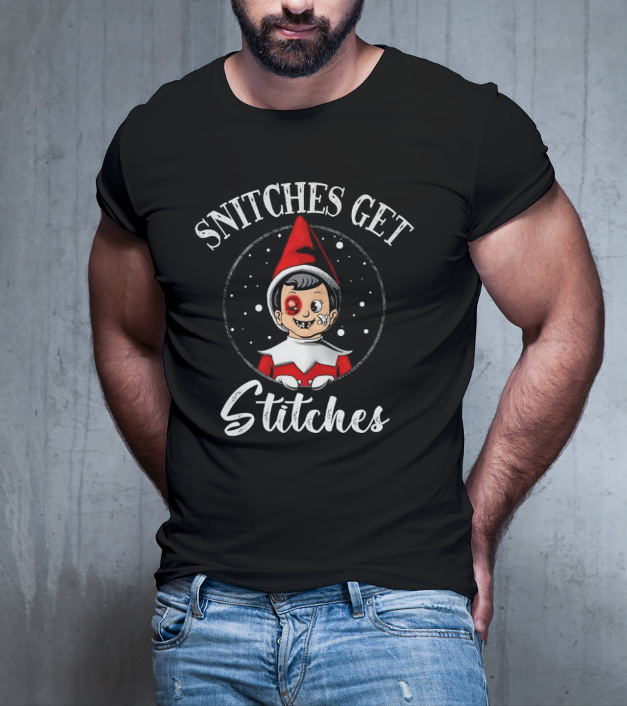 SNITCHES GET STITCHES Elf Red Hat Black Eye Snowflakes T-Shirt