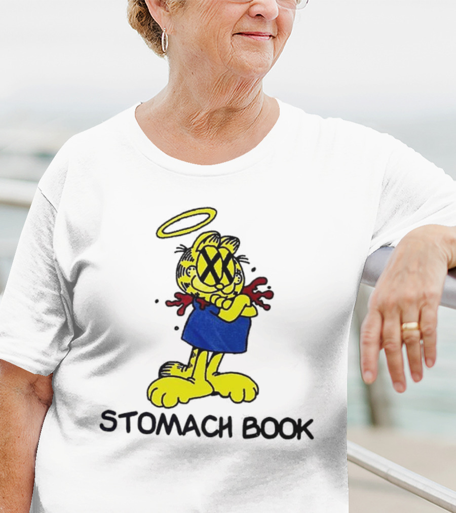 Garfield Stomach Book Angel Halo Yellow X Eyes Blue Red Blood T-Shirt