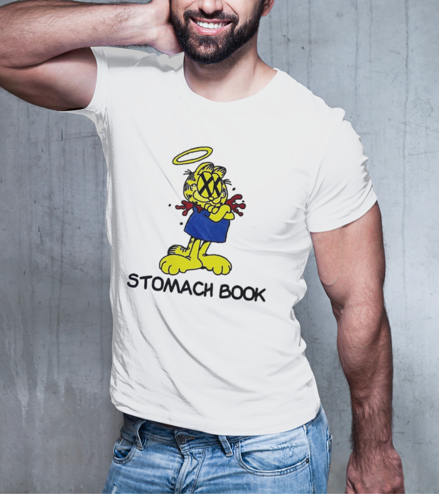 Garfield Stomach Book Angel Halo Yellow X Eyes Blue Red Blood T-Shirt
