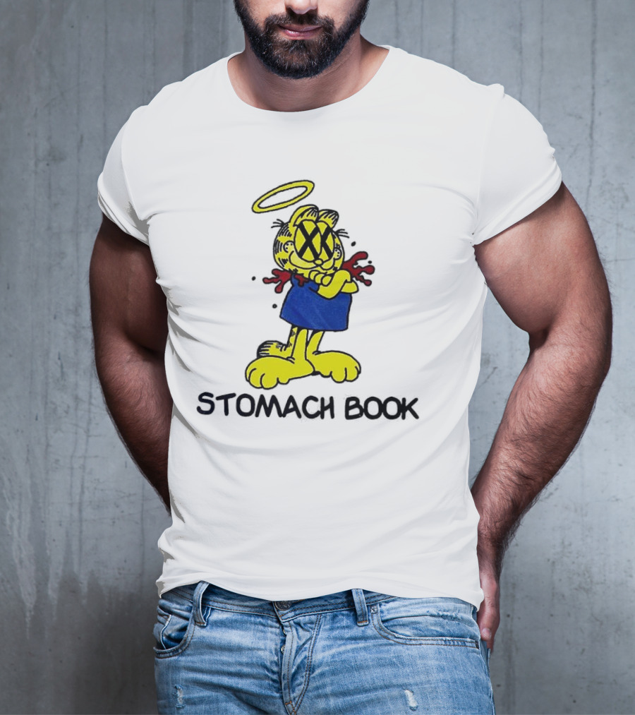 Garfield Stomach Book Angel Halo Yellow X Eyes Blue Red Blood T-Shirt