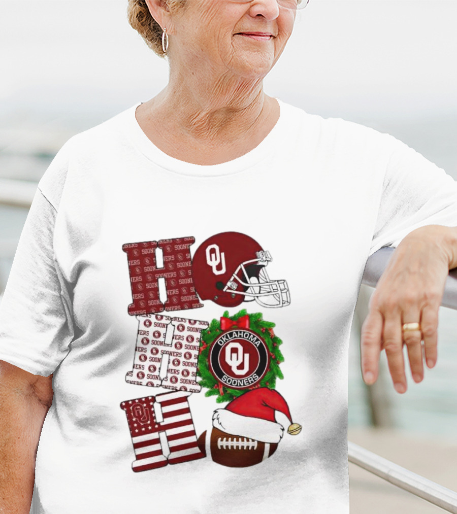 Oklahoma Sooners OU Helmet Wreath Football Santa Ho Ho Ho Christmas T-Shirt