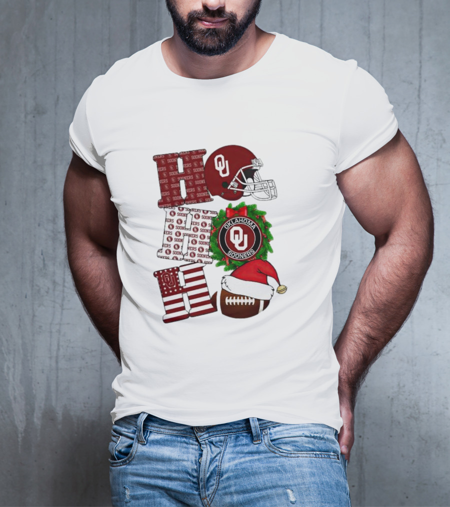 Oklahoma Sooners OU Helmet Wreath Football Santa Ho Ho Ho Christmas T-Shirt