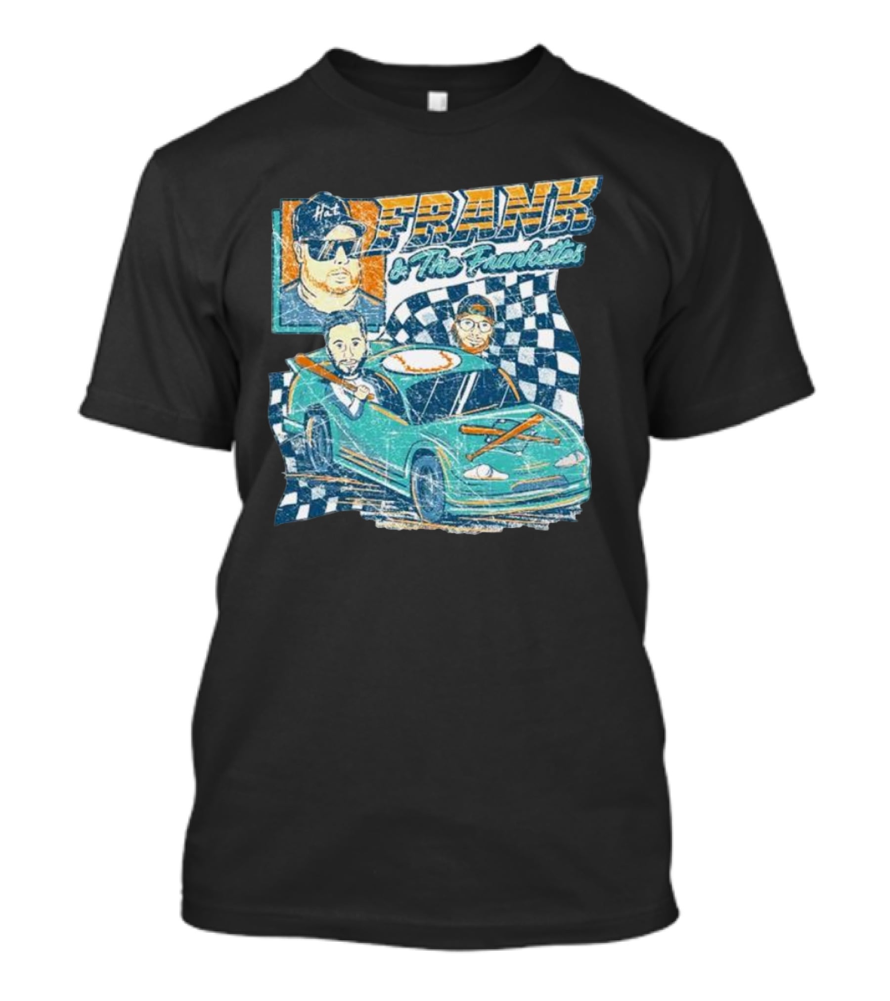 Frank And The Frankettes Racing Car Adventure With Checkered Flags And Cartoon Characters T-Shirt