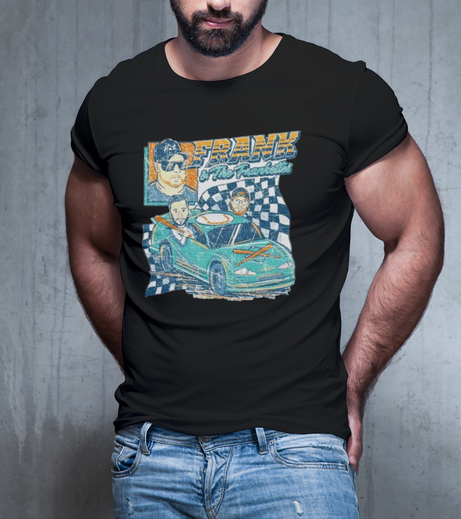 Frank And The Frankettes Racing Car Adventure With Checkered Flags And Cartoon Characters T-Shirt