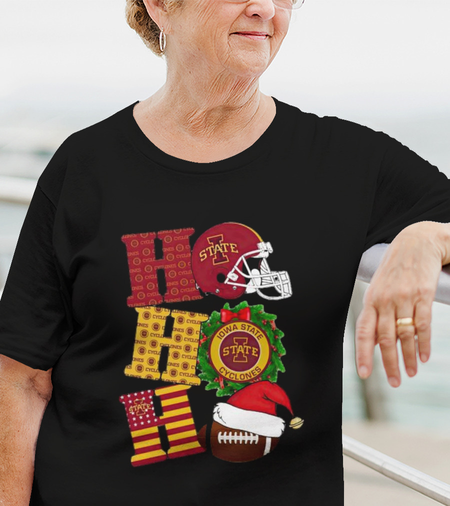 Iowa State Cyclones Christmas Football Helmet And Wreath Ho Ho Ho T-Shirt
