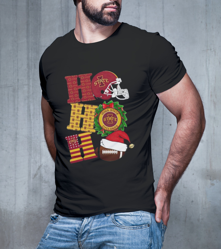 Iowa State Cyclones Christmas Football Helmet And Wreath Ho Ho Ho T-Shirt