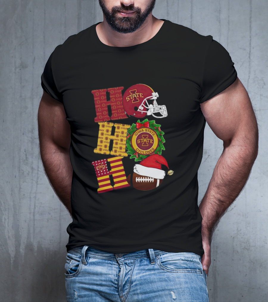 Iowa State Cyclones Christmas Football Helmet And Wreath Ho Ho Ho T-Shirt