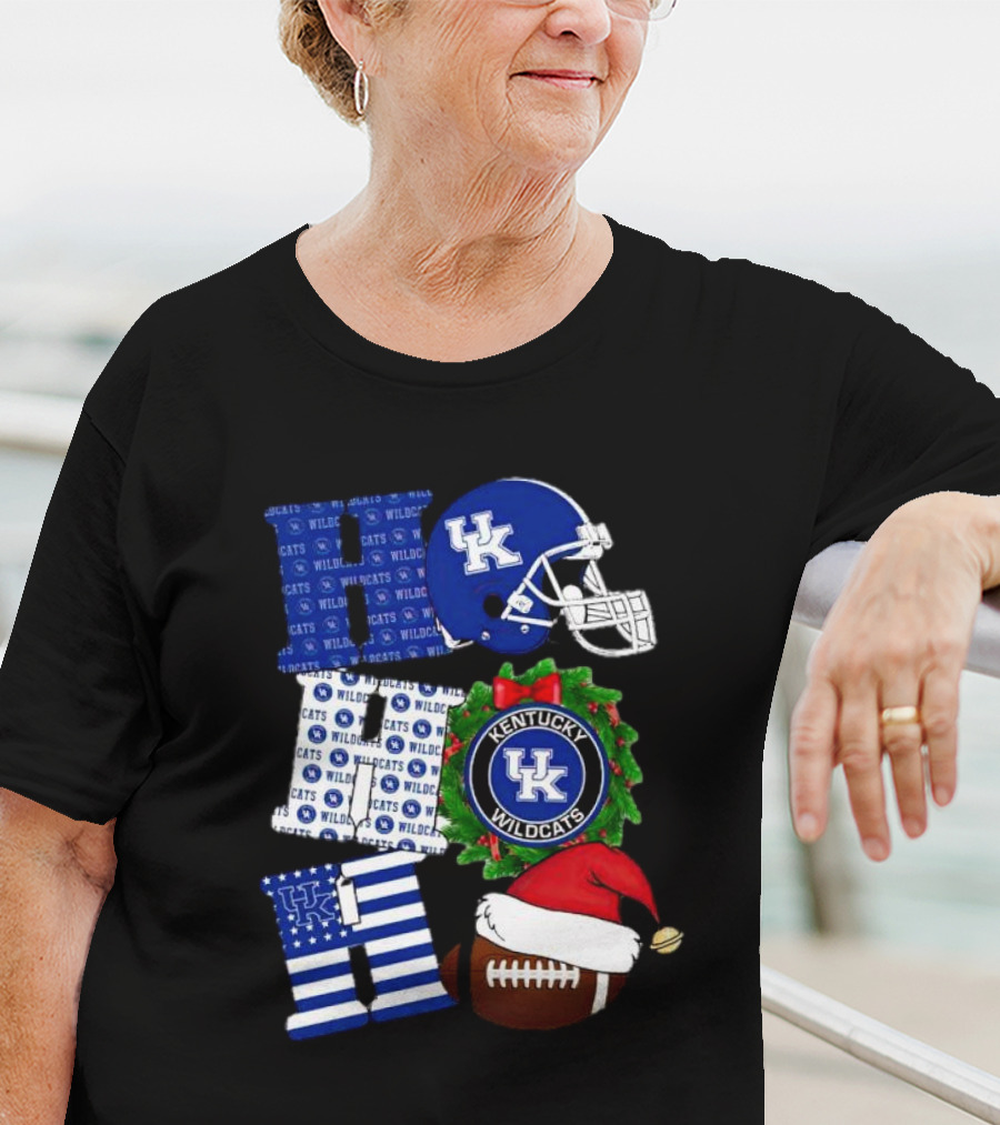 Kentucky Wildcats Ho Ho Ho Football Helmet Wreath Christmas T-Shirt