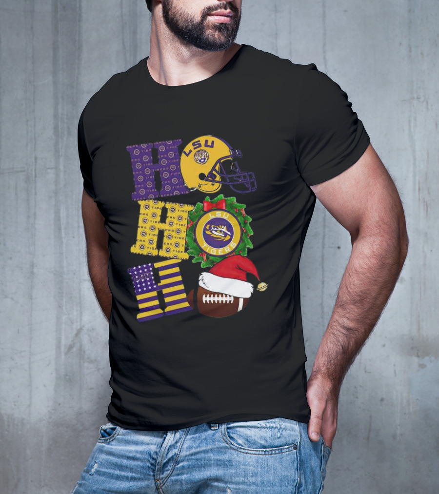 LSU Tigers Christmas Helmet Wreath Football Ho Ho Ho T-Shirt