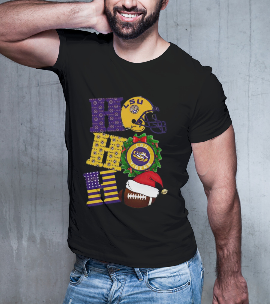 LSU Tigers Christmas Helmet Wreath Football Ho Ho Ho T-Shirt